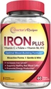 Recetas del médico Suplemento de hierro, Bisglycinate de hierro con vitamina C, B6, Folato " B12, No estreñimiento, Stomach Friendly, Gentle Iron Pills for Iron Deficiency, Blood & Energy Support, 60 Vegan Caps