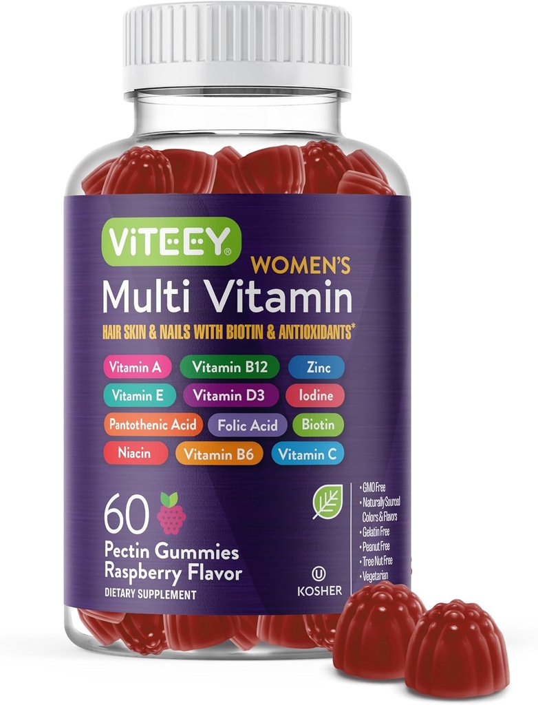 Viteey Womens Multivitamin Gummies - Immune Support - 12 in 1 Essential Vitamins & Minerals - Vitamina A, C, D3, E, B6, B12, Ácido Fólico, Biotina, Calcio, Zinc & More - Vegetariano - Raspberry Flavored