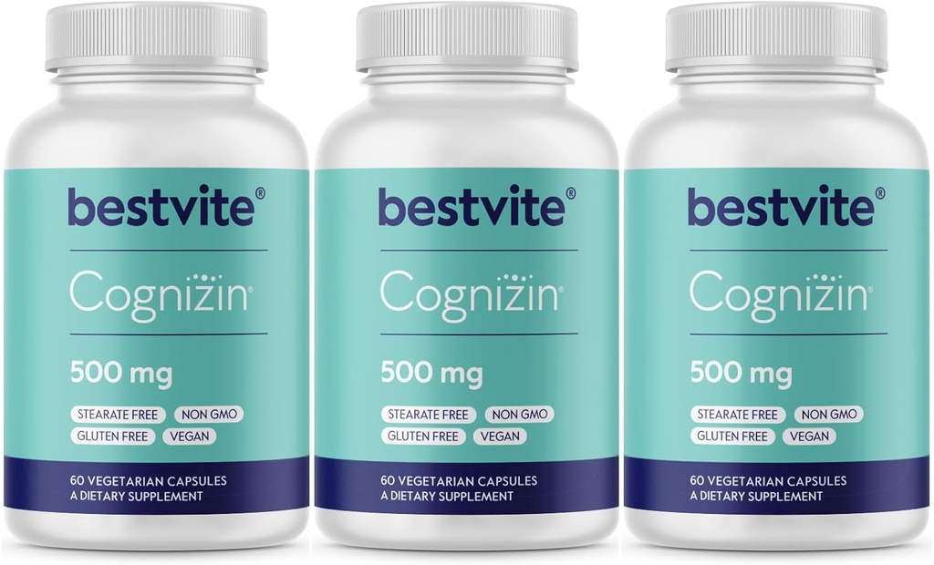 BESTVITE Cognizin Citicoline 500mg (180 cápsulas vegetarianas) (60x3) - Nootropic de Choline Premium estudiado clínicamente - No Stearates - Vegan - Gluten Gratis - Suplementos de cerebro para memoria y enfoque