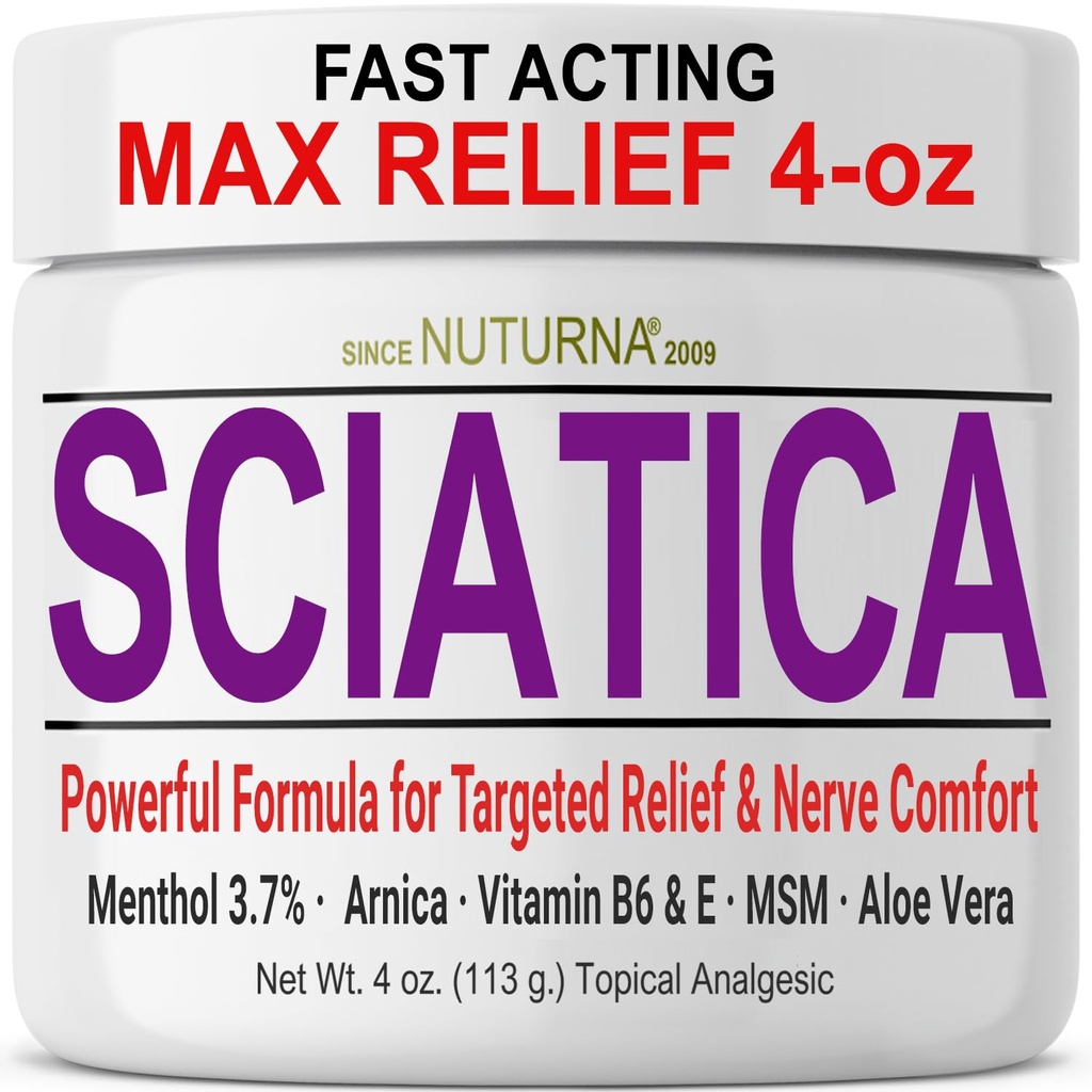 Sciatica Nerve Cream - Crema de máxima resistencia para pies, manos, piernas, dedos, espalda - Natural Ultra Strength Arnica, MSM, Menthol, Soothing Comfort, 4 grandes Oz