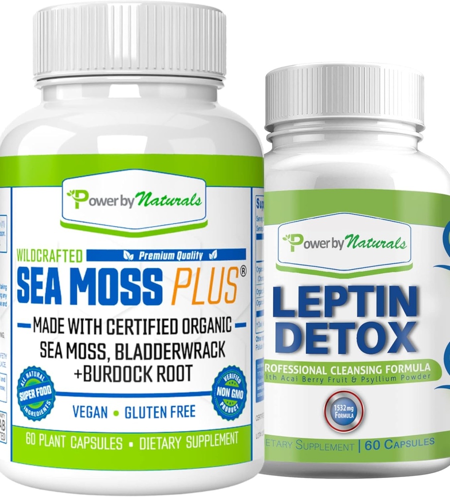 Power By Naturals: Organic Sea Moss and Leptin Detox Bundle - 60 Vegan Capsules Cada - Plant-Based, Gluten-Free Supplement for Immune Enhancement and Natural Cleans