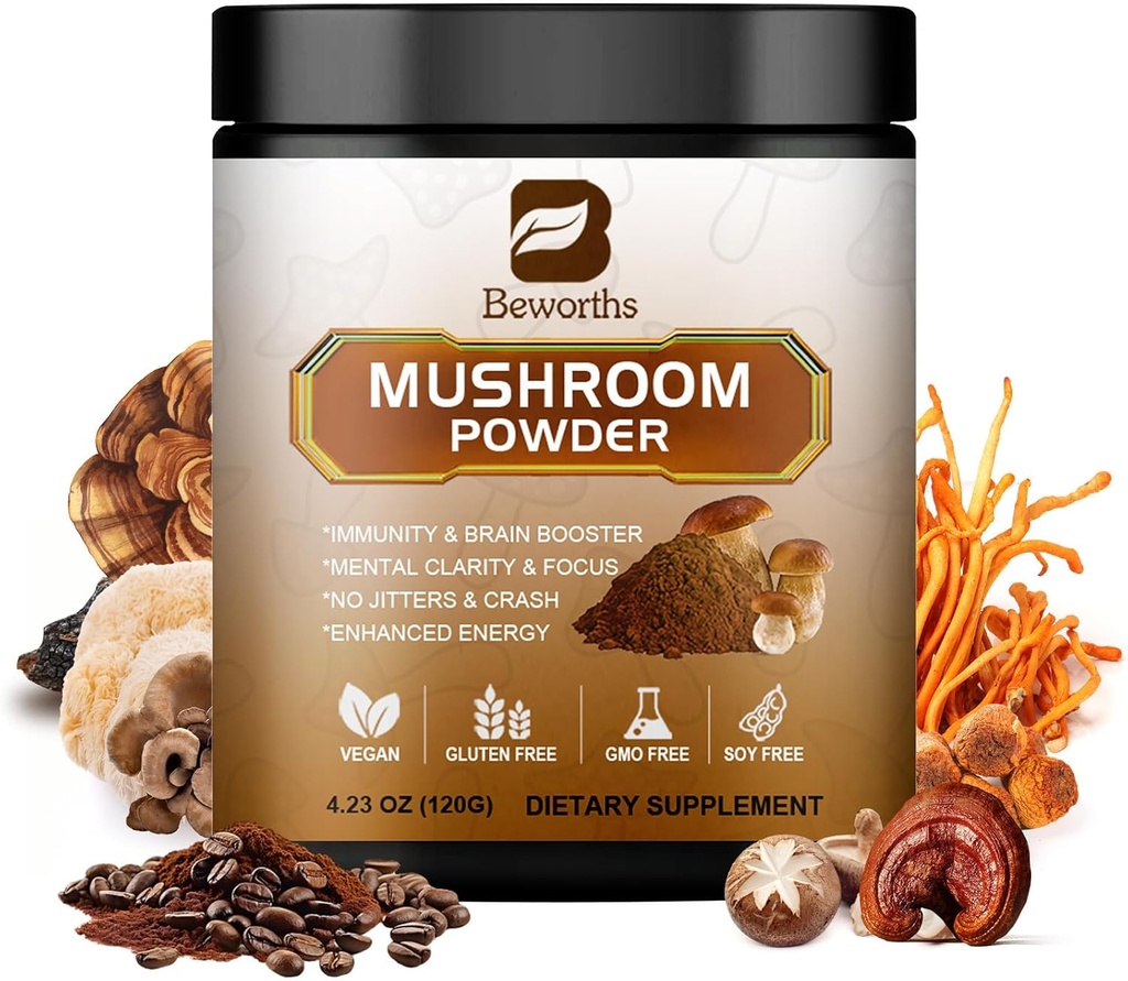 Café de hongos - Lions Mane Mushroom Powder Café instantáneo con Lion's Mane, Reishi, Chaga, Cordyceps y Turquía Tail - Mushroom Coffe Alternativa para la energía, Claridad mental > Enfoque cerebral