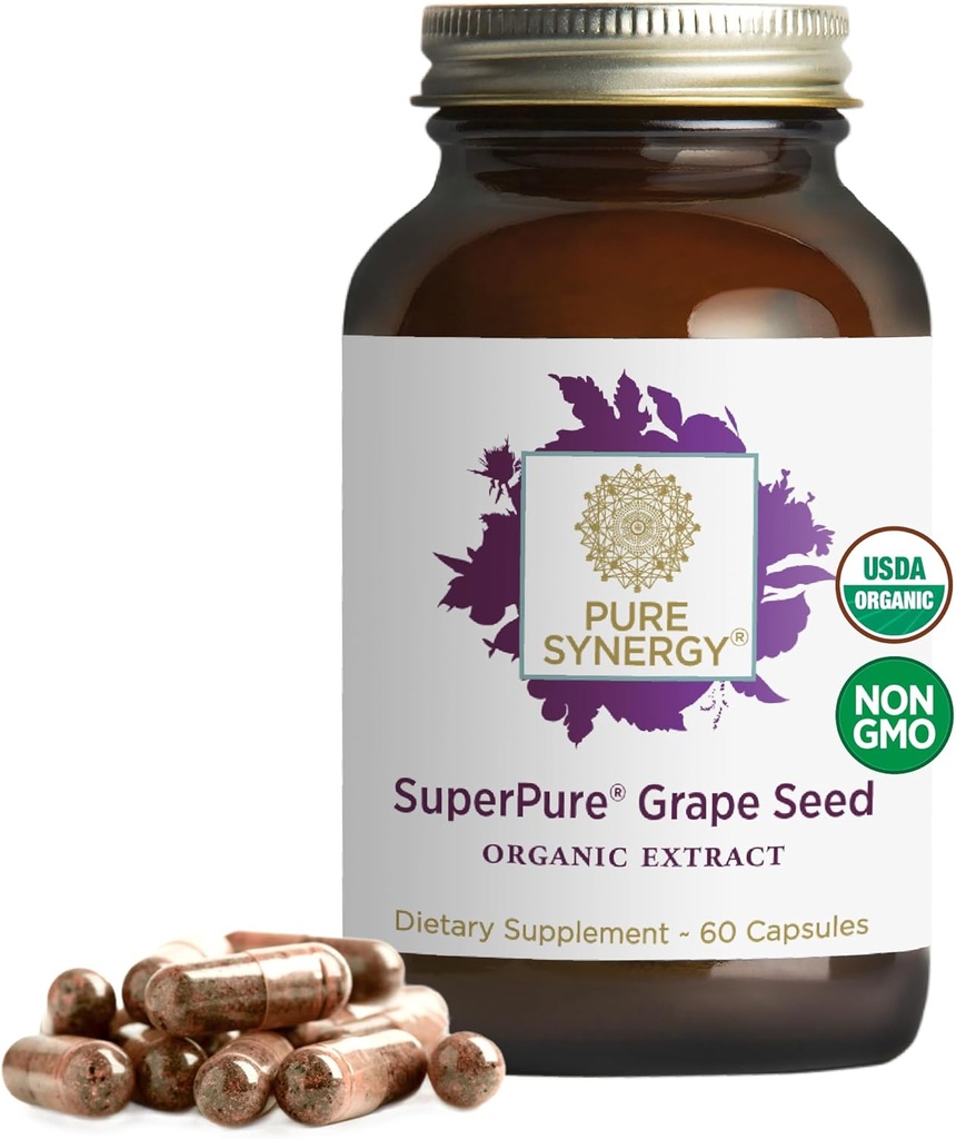Pura sinergía SuperPure Grape Seed Extract ← Orgánica Grape Seed Polyphenols Suplemento con Fruto Único Silencioso para la Salud del Corazón, la Esquía y el Envejecimiento Saludable (60 cápsulas)