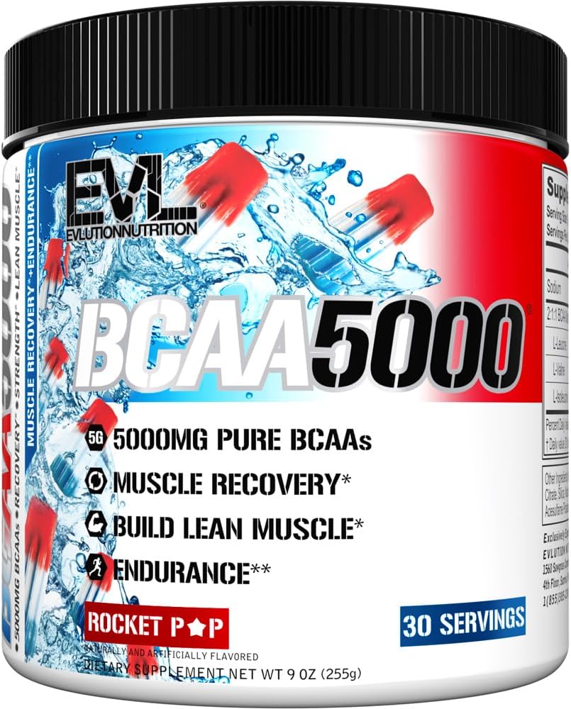 EVL BCAAs Aminoácidos Polvo - BCAA Powder Post Workout Recuperación Bebida y Estim Gratis Pre Workout Energy Drink Powder - 5g Branched Chain Amino Acids Suplemento para Hombre - Rocket Pop