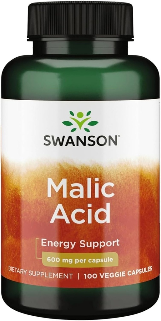 Swanson Malic Acid - Natural Supplement Promoting Cellular Energy Production - Supplement Formula to Help Nourish & Energizes Muscles - (100 Veggie Capsules, 600 mg cada uno)