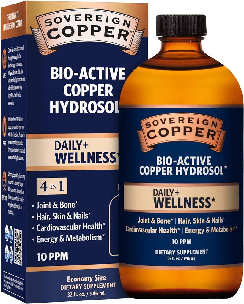 Soberano Bio-Active Copper Hydrosol - Bioavailable Cobre Suplemento líquido para adultos y niños con Hidrosol Plata para el cabello, la piel y las uñas - 32 fl oz (946mL)