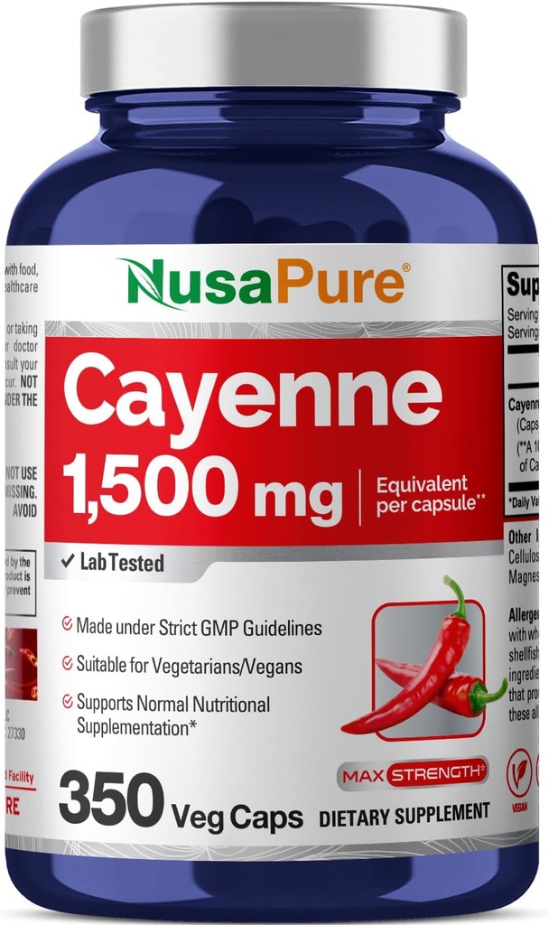 NusaPure Cayenne Pepper 1500mg Por Caps, 350 Veggie Capsules Vegan Vegetariano, No GMO