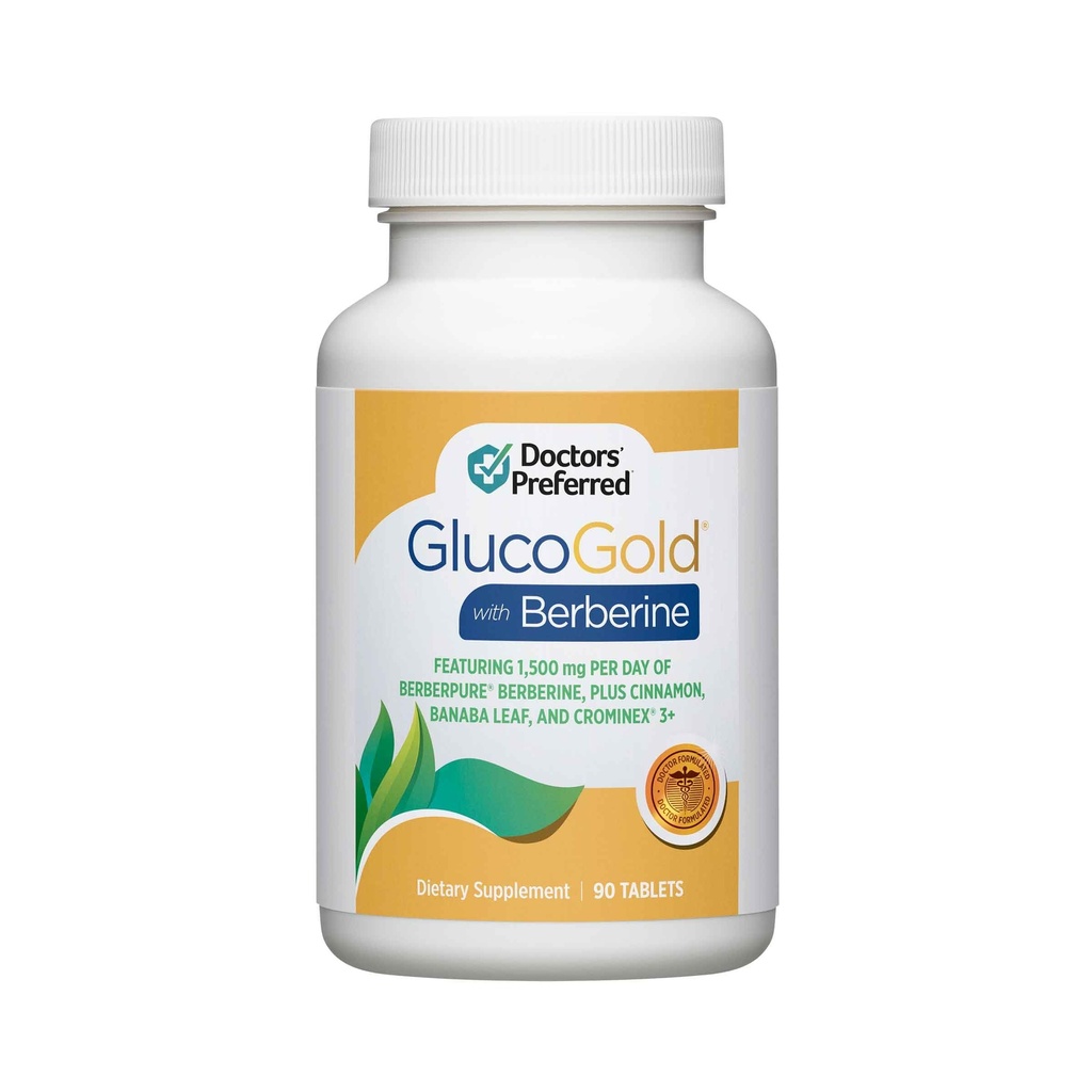 GlucoGold PREFERADO DE DOCTORES con Berberina, canela concentrada, cromomio, extracto de hoja de Banaba (90 Tabletas)
