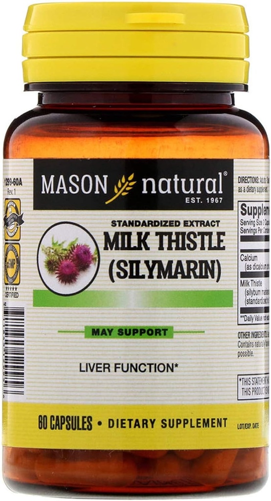 MASON NATURAL Esteto de leche (80% Silymarin Extract) con Calcio - Apoya Función de hígado de salud, limpieza y detox, 60 cápsulas