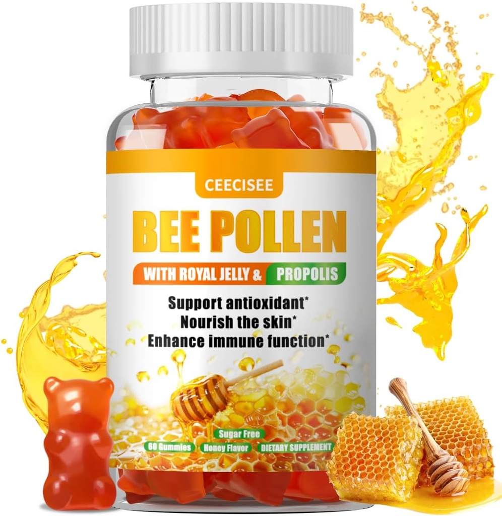 Bee Pollen Gummies con 1000mg Bee Pollen, 300mg Royal Jelly, 300mg Propolis,Calcium y Vitamina B6,C para la piel de las personas, inmunidad, energía, sabor de miel (60 Conteo)