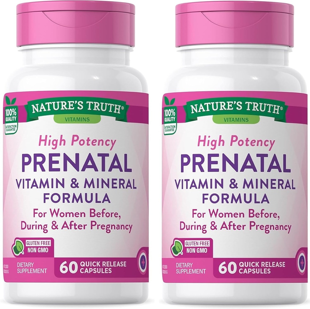 La verdad de la naturaleza Vitaminas prenatales con ácido fólico 60 cápsulas  sometidas a suplemento libre no GMO & Gluten Pack de 2