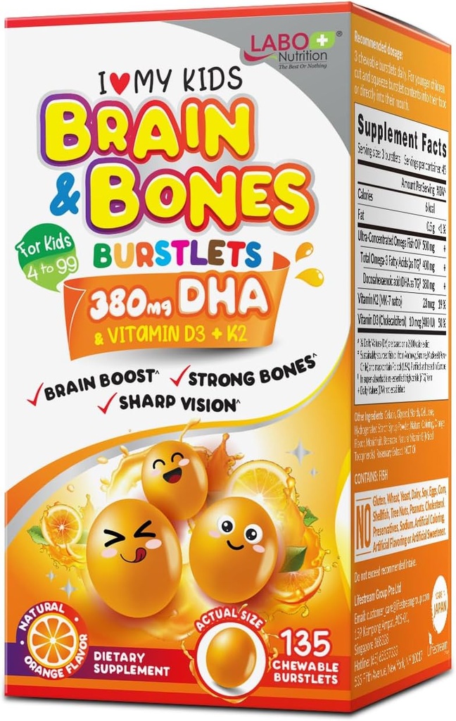 [BRSROCQBBUCWMALF] LABO Nutrition I My Kids Brain & Bones Chewable Burstlet, Gluten Free, for Stronger Bones & Behavioral Management, 76% Ultra-Concentrated rTG Form Omega 3 DHA Fish Oil, Vitamin D3 & K2, Orange