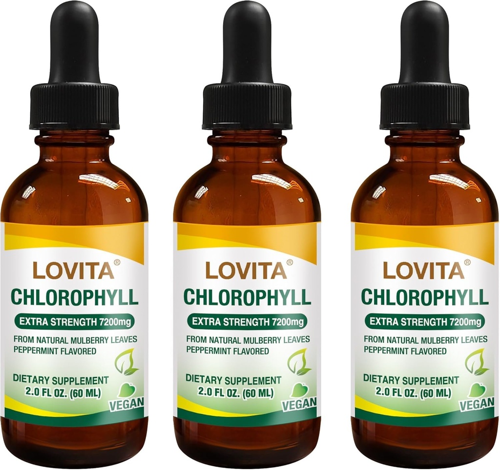 Lovita Chlorophyll Liquid Drops, High Potency 120 mg/mL, 7,200 mg por Bottle, Natural Energy Booster &amp; Immune Support, Internal Deodorant, Skin Health, Vegan " Non-GMO, Mint Flavor, 180 Servimientos