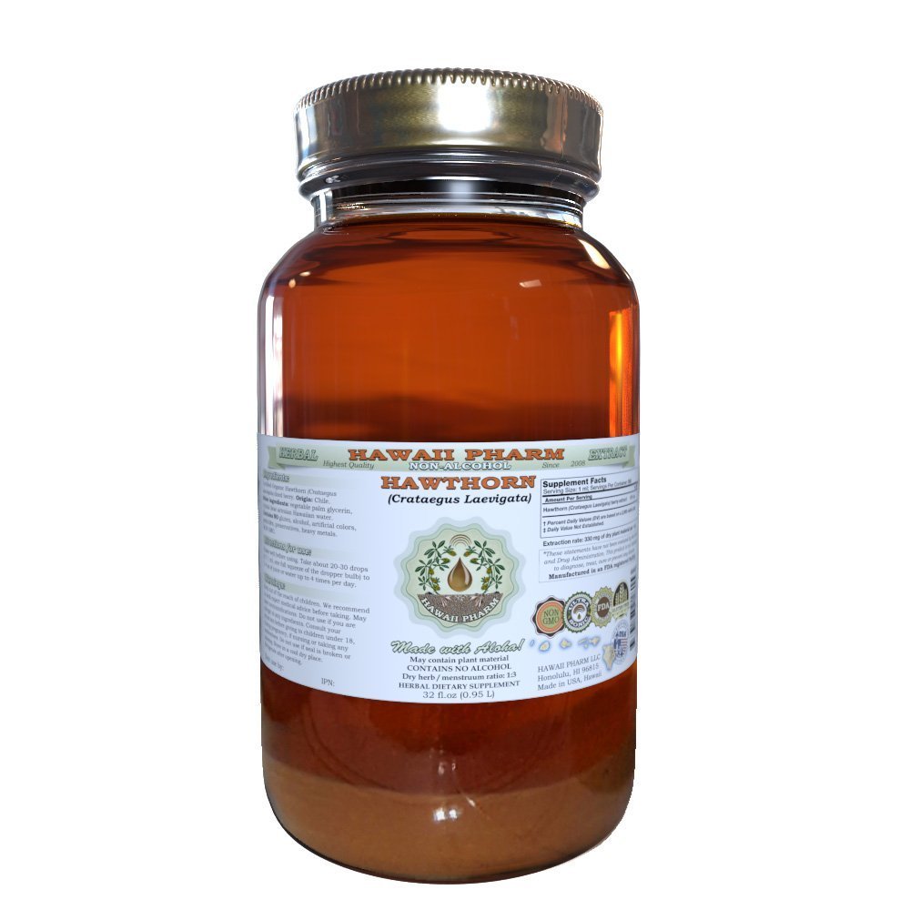 Hawaii Pharm Hawthorn Alcohol-Free Liquid Extract, Hawthorn (Crataegus Laevigata) Dried Leaf and Flower Glycerite Natural Herbal Supplement 32 oz Unfiltered