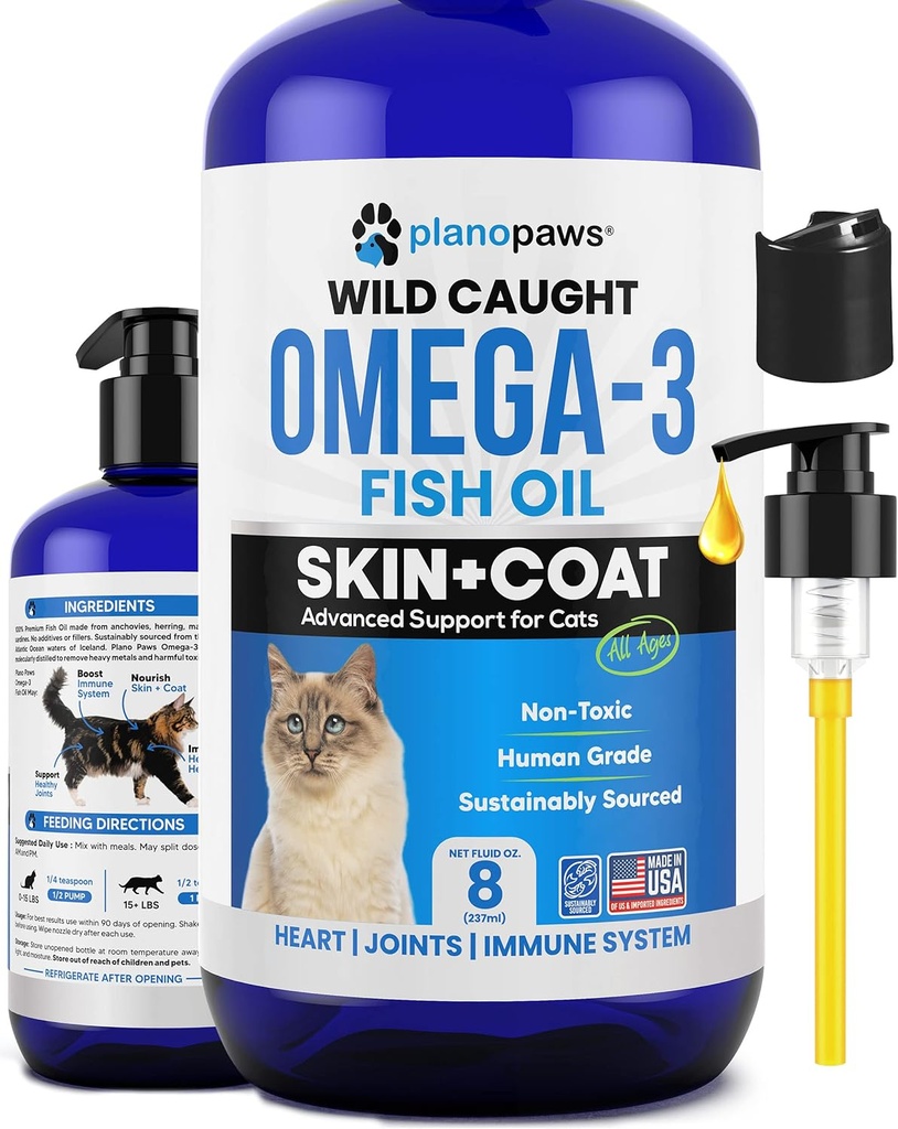 Omega 3 aceite de pescado para gatos - mejor que el aceite de salmón - Kitten & gato vitaminas y suplementos - Cat Dandruff Tratamiento - Aceite de pescado líquido para mascotas - Soporte de cama - Cat Health Supplies for All Ages