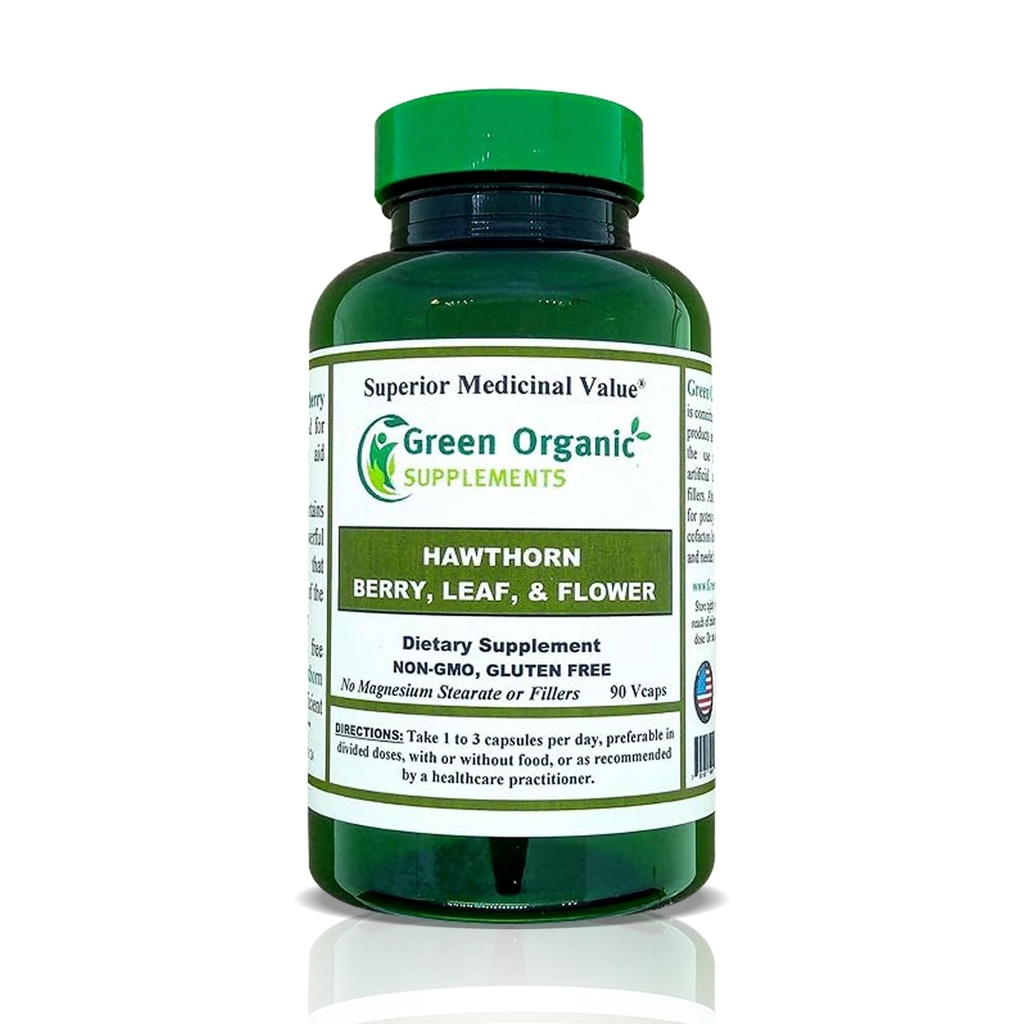 Green Organic Supplements Hawthorn Berry Capsules, Leaf, Flower, Hawthorn Supplements Contains 90 Capsules, Natural Hawthorn Herbs for Cardiovascular Health & Natural Heart Care (Single)