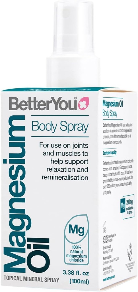 BetterYou Magnesium Oil Body Spray - Soporta la recuperación del músculo natural y la función - ayuda a su pico de piel en el calcio - Ausorción efectiva para huesos fuertes con gran flexibilidad - 3.38 oz