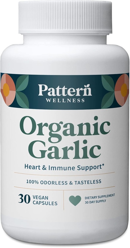 Pattern Wellness Odorless Ajo orgánico – 1000mg – Immune, Circulatory & Heart Health Support – Non-GMO & Gluten Free – 30 cápsulas Vegan