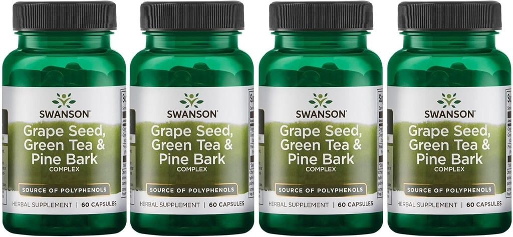 Té verde de semilla de semilla de Swanson Complejo de corteza Corazón Cardiovascular Immune Asistencia Salud Antioxidante Presión sana Polifenoles OPCS Suplemento herbal 60 cápsulas (4 paquete)
