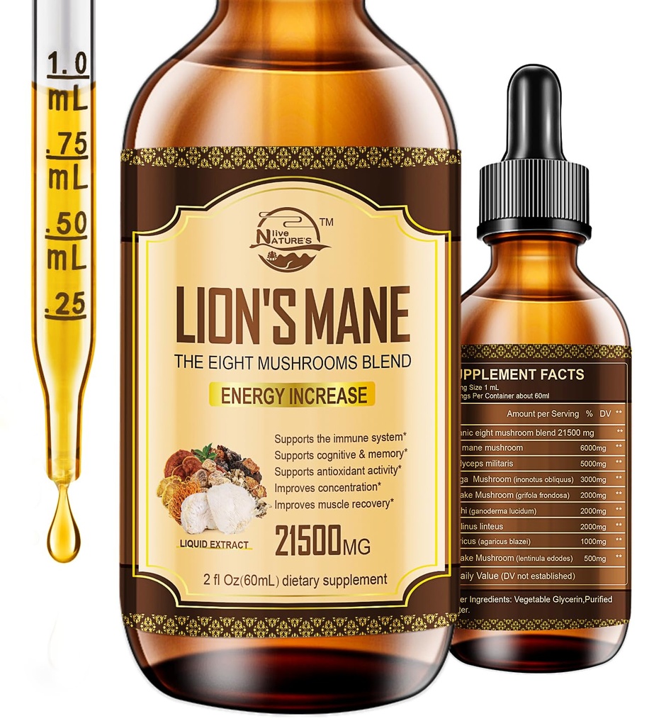Lions Mane Supplement, Liquid Mushroom Extract Drops, 8 Mushrooms Complex for Cognitive Support and Immunity Boost, Up to 2 Month Supply, Mushroom Supplement with Lion's Mane, Cordyceps, Reishi