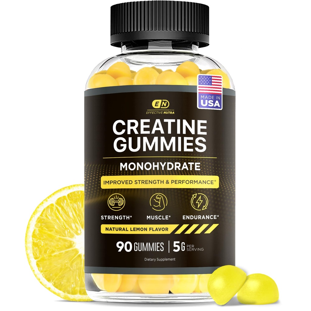 Efectivamente Nutra Creatine Monohydrate Gummies - 1g Creatine per Gummy - Vegan Muscle & Strength Suplemento para Hombres - Apoya el Crecimiento del Musculo, Energía, Resistencia - Lemon Flavor, Made in USA (90ct)