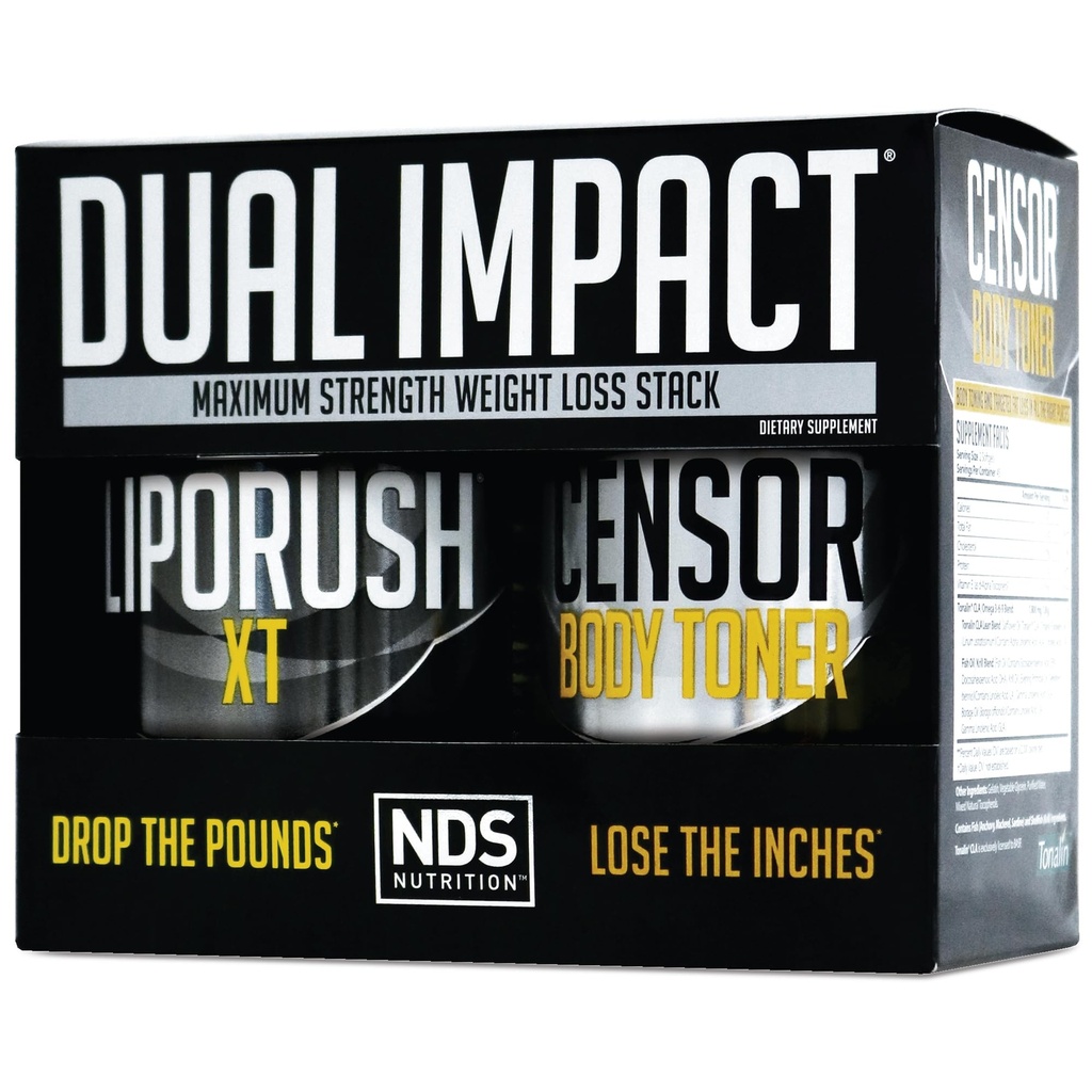 NDS Nutrition Maximum Strength Dual Impact Stack - Powerful 2-in-1 Weight Pérdida Kit combina alta energía resistente a la grasa XT Thermogenic con Censor Body Toner Premium CLA (60 Caps & 90 Softgels)