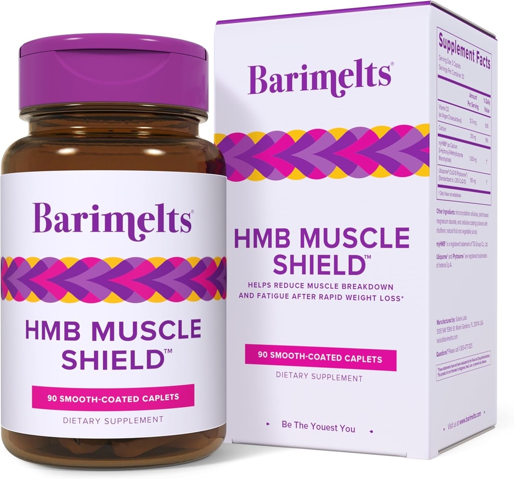 BariMelts HMB Muscle Shield for GLP-1 Users and Bariatric Patients - HMB Supplements with Vitamin D3 & Ubiquisome® PhytosomeTM apoya la recuperación del músculo - 90 cápsulas de cuero