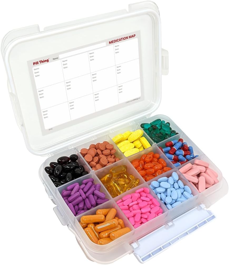 12 Compartimiento Caja de gran pill con sello hermético - Caja de med impermeable de gas de silicona con mapa de medicamentos (12 Compartimiento, 1 paquete)