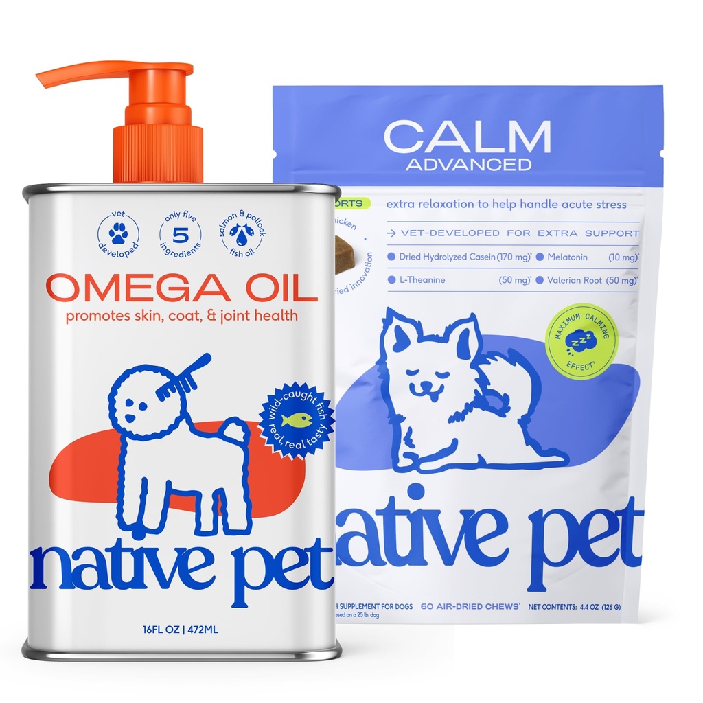 Native Pet Advanced Calming Chews for Dogs & Omega 3 Fish Oil for Dogs & Cats - Wild Alaskan Salmon Oil Supports Joints, Heart, Reduces Shedding, & Anxiety Related Behavior