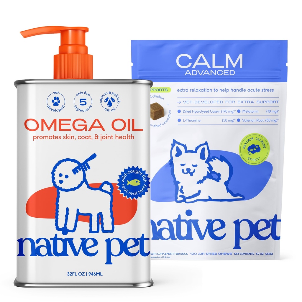 Native Pet Advanced Calming Chews for Dogs & Omega 3 Fish Oil for Dogs & Cats - Wild Alaskan Salmon Oil Supports Joints, Heart, Reduces Shedding, & Anxiety Related Behavior