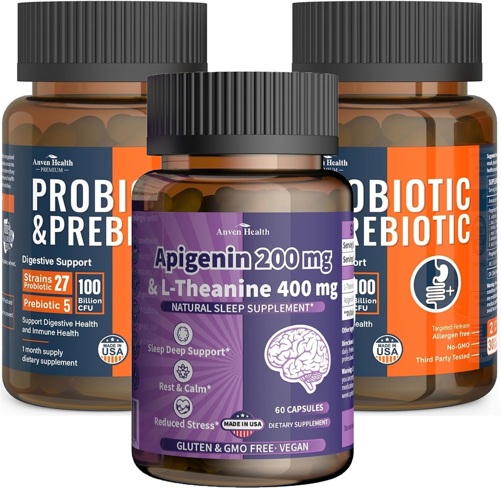 100 Probióticos de billón para Gut & Immune Health + Apigenin 200mg con L-Theanine 400mg para Relajar & Estrés Soporte TEN 27 Strains, Vegan, Non-GMOMO120Caps + 60 Veggie Caps