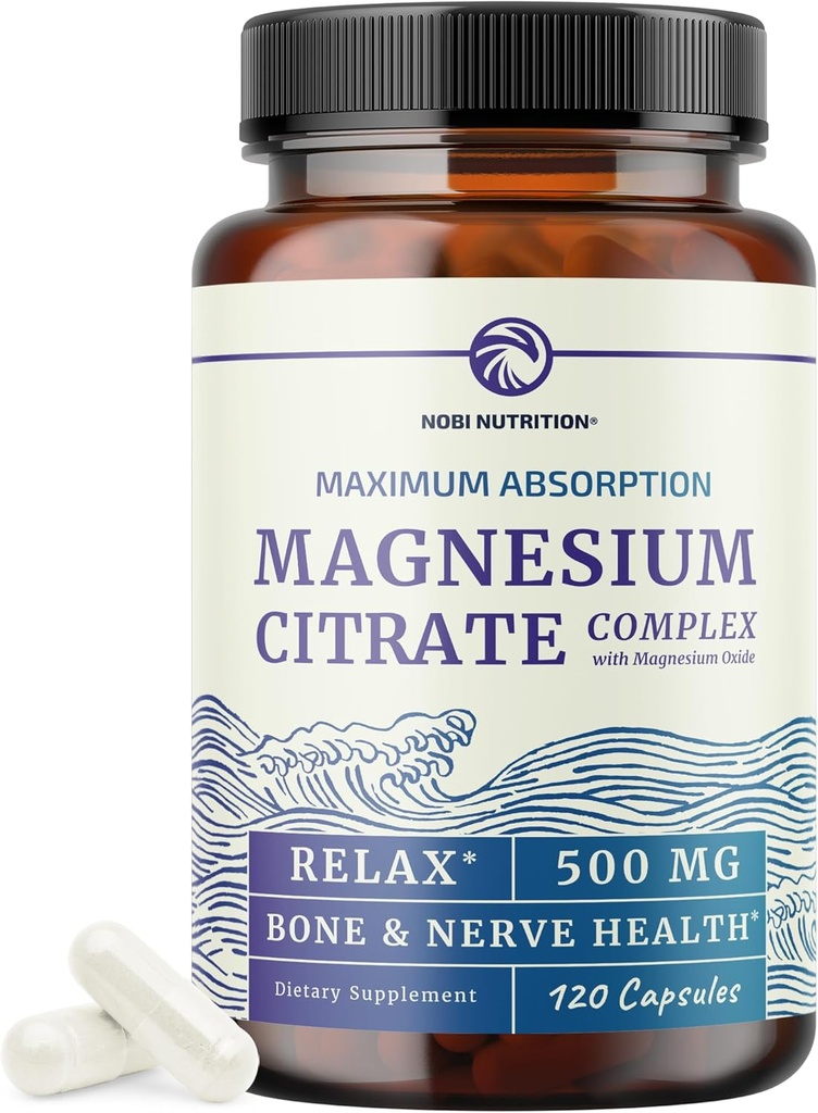 Citrato de magnesio 500 MG (120ct) para la calma, la relajación, el estreñimiento " Apoyo a la absorción alta Suplemento de magnesio con óxido de Mag Elemental