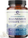 Citrato de magnesio 500 MG (120ct) para la calma, la relajación, el estreñimiento " Apoyo a la absorción alta Suplemento de magnesio con óxido de Mag Elemental