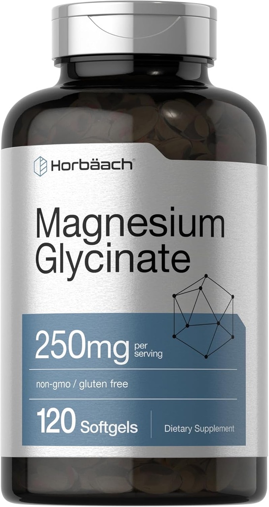 Horbäach Magnesium Glycinate TEN 250mg TEN 120 Softgels TEN NO GMO Y Gluten Suplemento Gratis