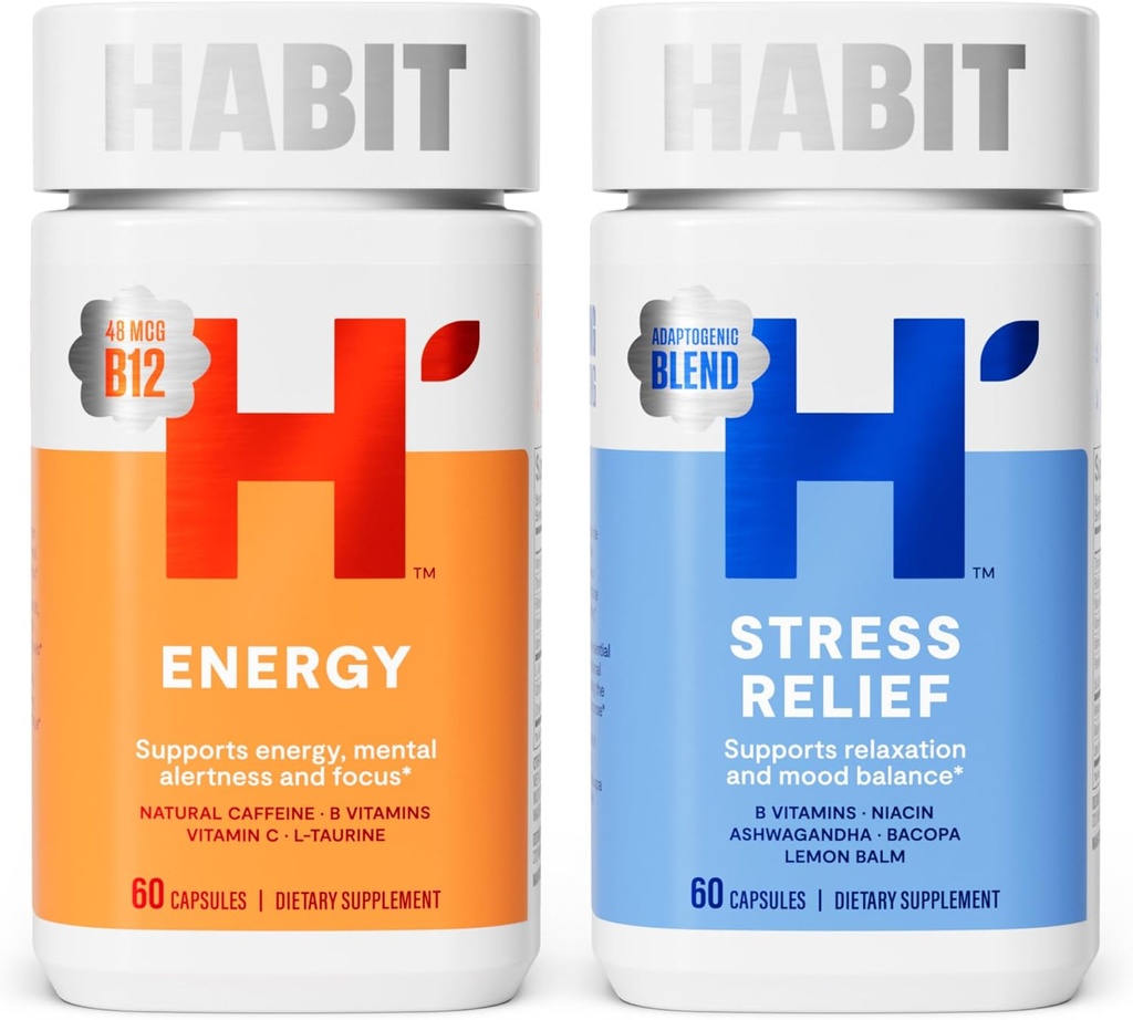 Habit Huge Mood Bundle - Energía (60 cápsulas) + Stress Relief (60 cápsulas) Suplementos. Soporta alerta y enfoque, apoya la relajación " equilibrio de humor, vegano, no GMO