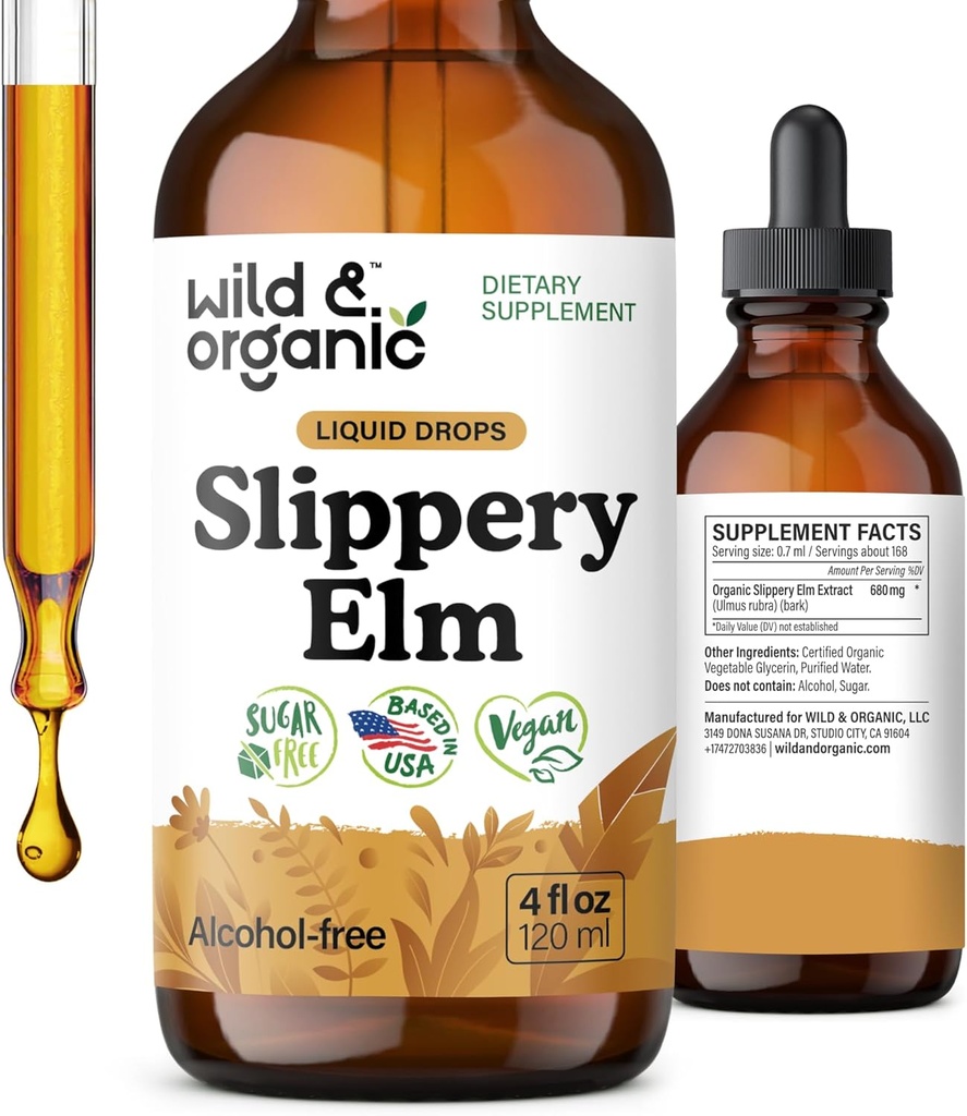 Wild & Organic Slippery Elm Liquid Drops - Pulido, Digestivo & Apoyo a las Mujeres - Slippery Elm Bark Extracto Tintura - Ulmus Rubra Suplemento - Vegan, Azúcar & Sin alcohol - 4 fl oz