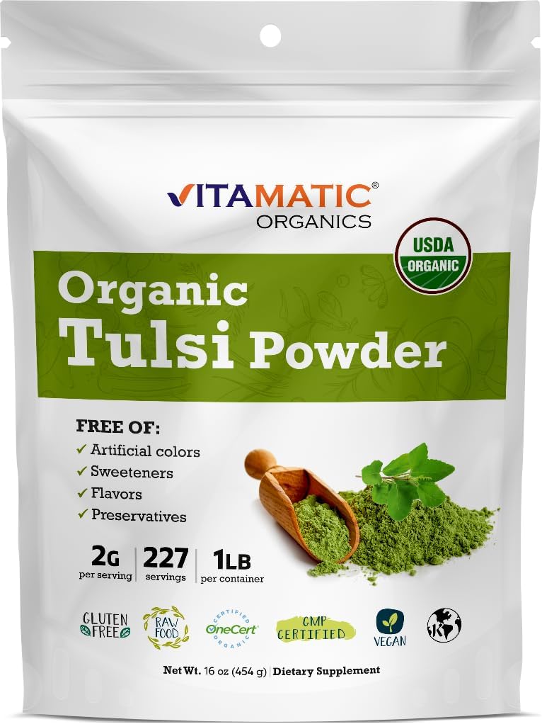 [BRSRMZ3RAECQ4FL3] Vitamatic Certified USDA Organic Tulsi (Holy Basil) Polvo – 1 libra (16 onzas) – Hierba Adaptogénica para estrés, inmunidad y bienestar general