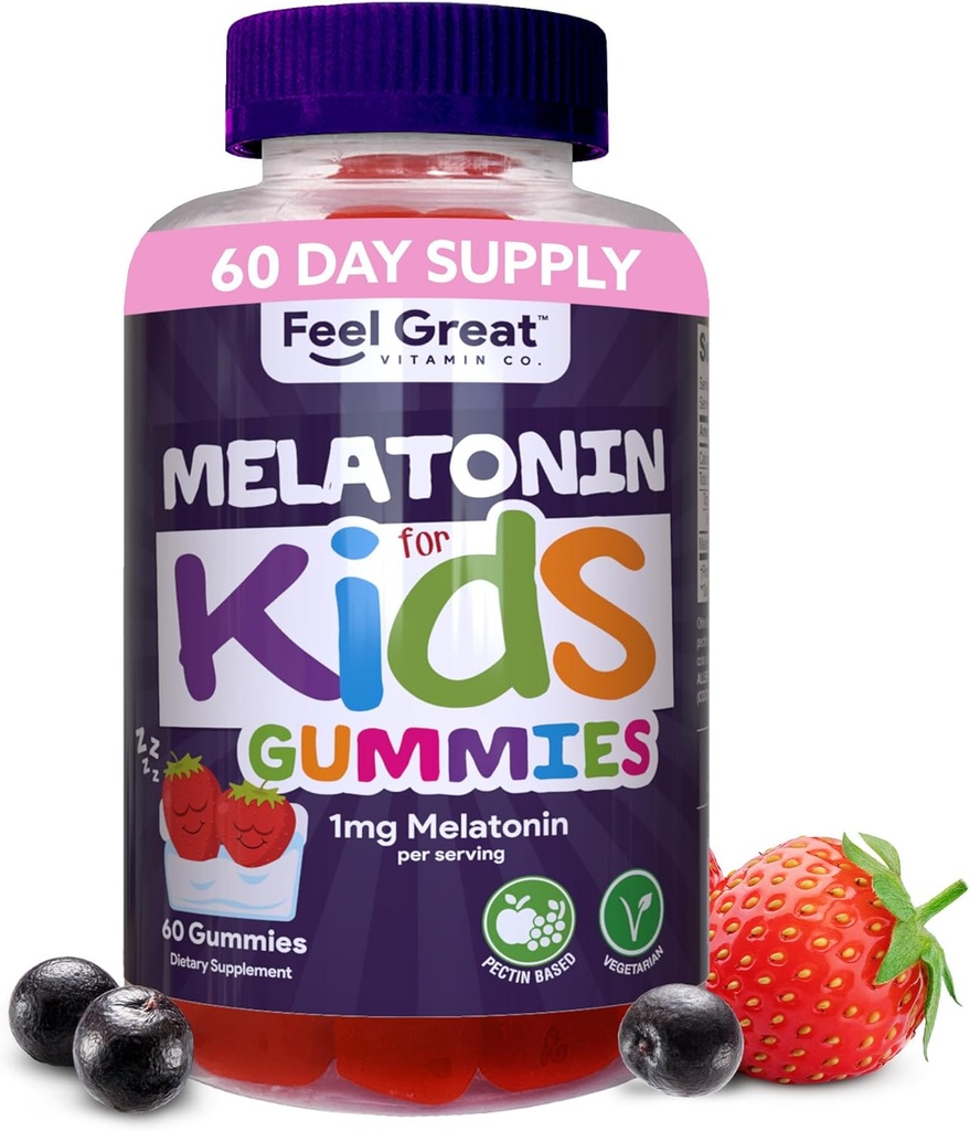 Feel Great Kids Melatonin Gummy ← Strawberry Flavored Melatonin Gummies Kids  1 MG of Melatonin Sleep Aid for Kids ← Vegan Gummies ← 60 Day Supply