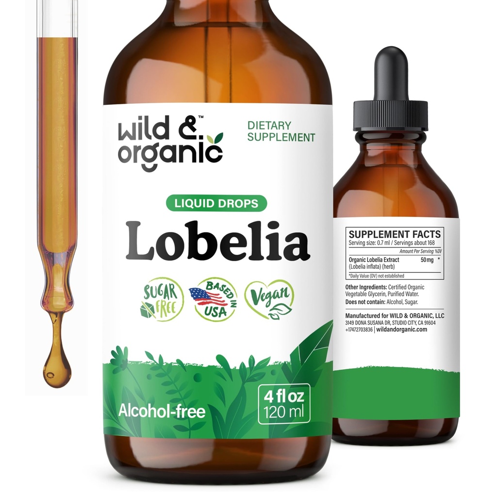 Wild & Organic Lobelia Tincture - Lung Detox and Cleanse - Liquid Lobelia Herb Supplement - Vegan, Sugar & Alcohol-Free Leaf Extract Drops - 4 fl oz