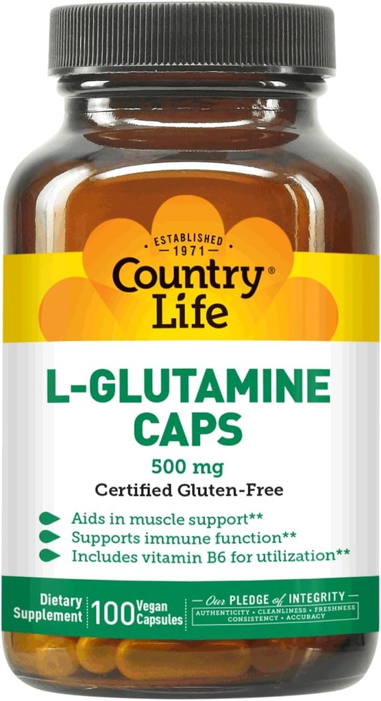 Country Life L-Glutamine 500 mg con B6 – Apoya la recuperación del músculo, la resistencia y el rendimiento atlético – Vegan, Gluten-Free, Kosher Amino Acid Suplemento – 100 cápsulas