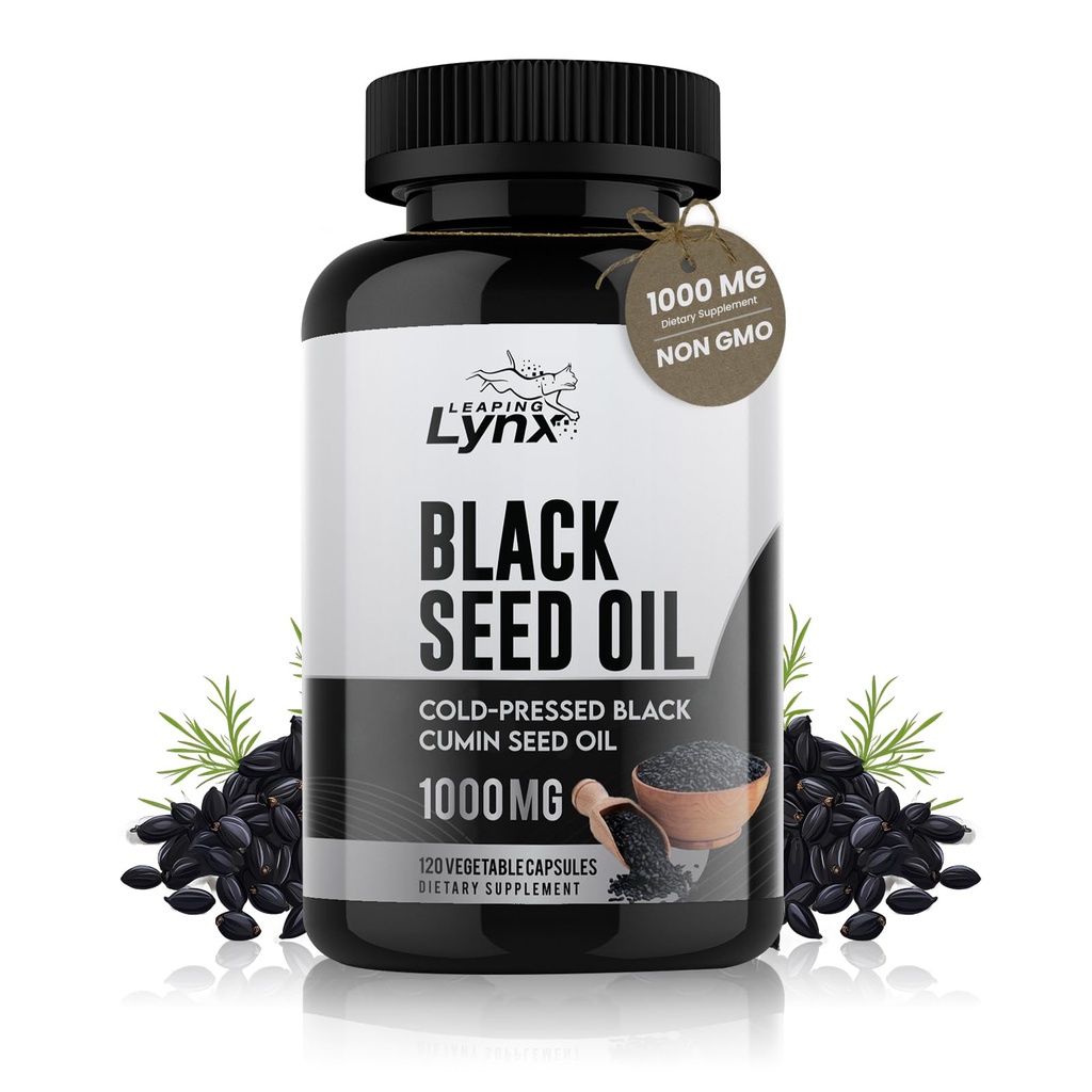 Aceite de semillas negras de alta presión orgánico puro - Vegan No GMO Pura Nigella Sativa Negro Cumina aceite de semilla para la inmunidad de belleza &amp; Wellness general Soporte - Timoquinone-Rich 1000mg Servir (60 días)