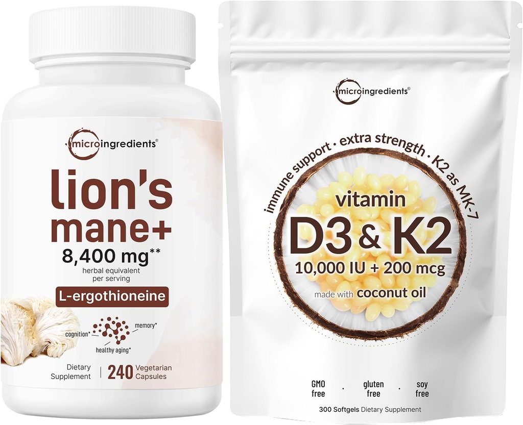 Micro Ingredientes Vitamina D3 10.000iu + K2 200mcg Aceite de coco Softgels & Lions Mane Suplemento 240 Veggie Capsules Bundle 2 Pack ← Esencial Sunshine Vitaminas ← Superfood Mushroom Antioxidantes con L-