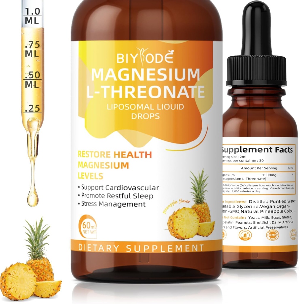 Magnesium L-Threonate Liquid Drops Restore Health Magnesium Levels Support Cardiovascular Promueve la gestión del estrés del sueño 60ml Net Wt Pineapple Flavor