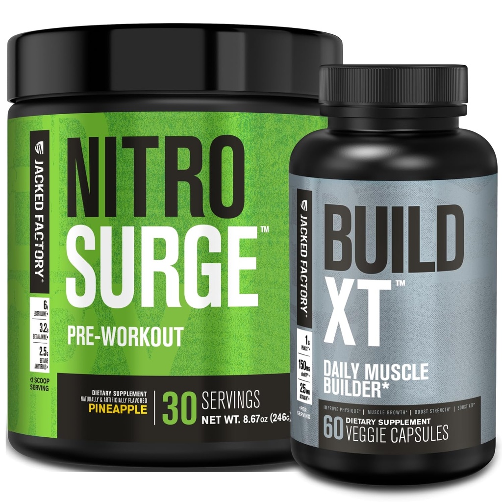 Jacked Factory Nitrosurge Pre-Workout in Pineapple & Build XT Muscle Building Bundle for Men & Women