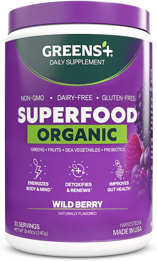 Greens+ Pólvora de Superalimentos de Berry ecológica, Polifenol Antioxidante, Blend for Morning Kick, Energía, Vitality Boost, Nutrición, Salud Vibrant, Suplemento dietético, Vegan Soy/Dairy/Gluten Free(8.46oz)