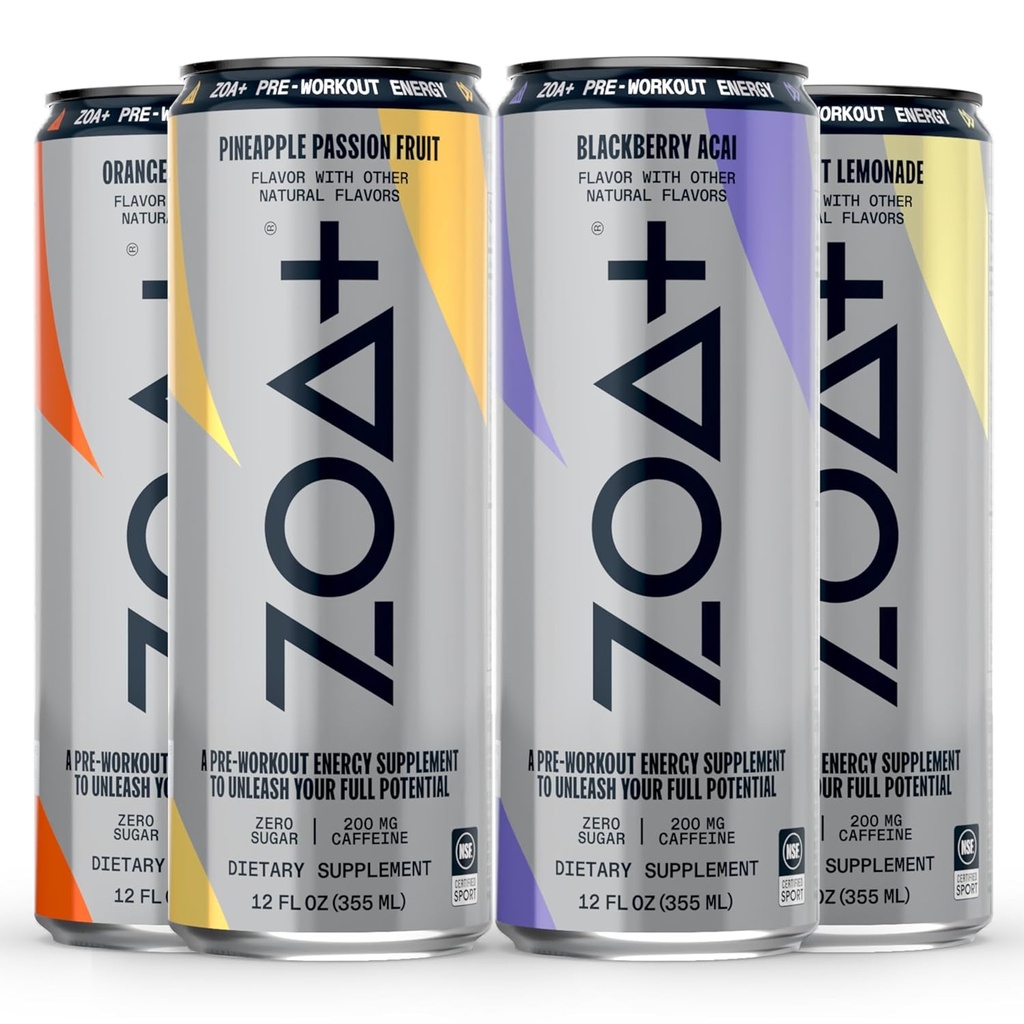 ZOA+ Pre-Workout Energy Drink, Variety Bundle - NSF certificado para el deporte con azúcar cero, soporte de óxido nítrico, vitaminas B & D, aminoácidos y electrolitos - 48 pack