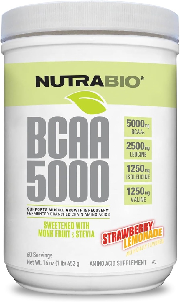 NutraBio BCAA 5000 Powder - Aminoácidos ramificados fermentados de cadena para el crecimiento muscular " recuperación - Sabores naturales, endulzantes y para colorear, vegano, gluten libre - limonada de frambuesa, 60 piezas
