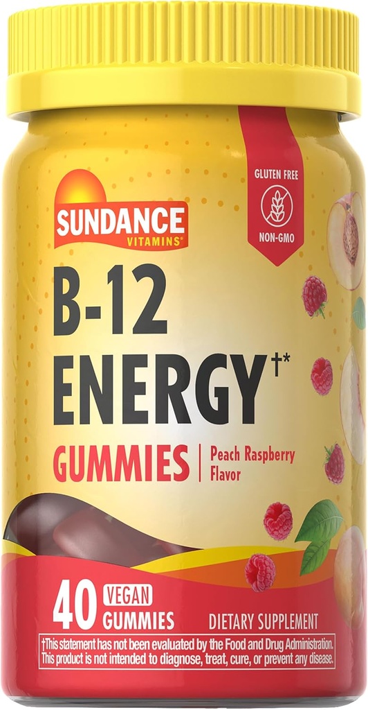 Sundance Vitamina B-12 Gummies Energética Silencio 40 Conde ← Peach Raspberry Flavor ← Vegan, No GMO, y Gluten Suplemento Libre