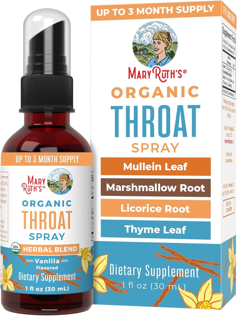 MaryRuth Organics USDA Organic Throat Spray with Mullein Leaf TEN Marshmallow Root & Licorice Root & Thyme Leaf ANTE Vanilla ANTE 4 Herbal Blend ← Non-GMO TEN Vegan TEN Gluten Free Silencio 1 Fl Oz TENIDO Hasta 100 Servings