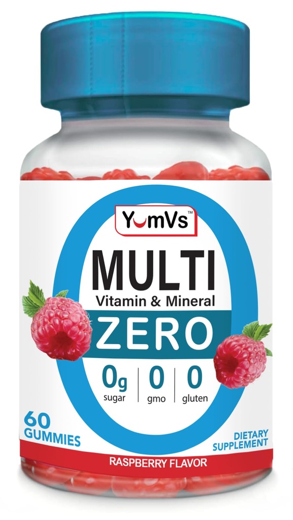 YUM-V'S Multivitamin Zero Gummies by YumVs ← Vitaminas libres de azúcar Suplemento para Mujeres &amp; Hombres ← Chromium, Thiamine y Magnesium ← Natural Raspberry Flavor Chewables - 60 Cuenta